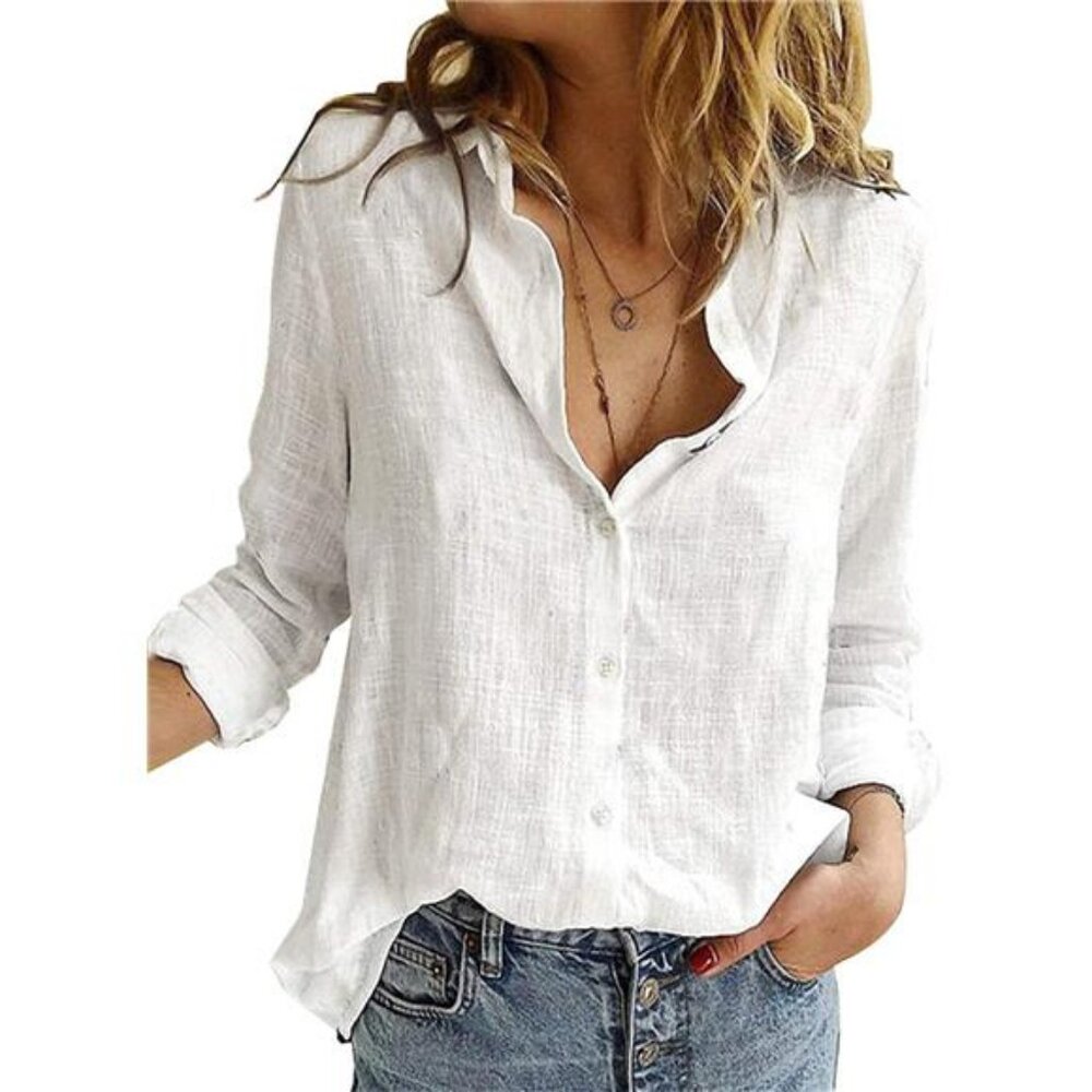Women's V Neck Roll up Sleeve Button Down Blouses Tops